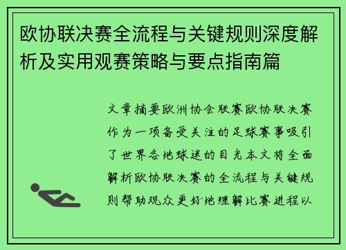 欧协联决赛全流程与关键规则深度解析及实用观赛策略与要点指南篇