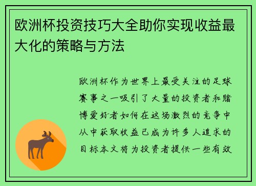 欧洲杯投资技巧大全助你实现收益最大化的策略与方法 欧洲杯投资技巧大全助你实现收益最大化的策略与方法