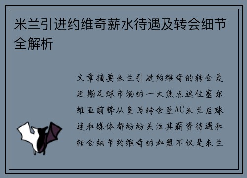 米兰引进约维奇薪水待遇及转会细节全解析