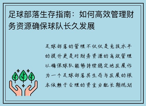 足球部落生存指南：如何高效管理财务资源确保球队长久发展